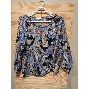 Umgee Elegant Paisley Print Long Sleeve Blouse Boho Chic Navy Gold Purple XL‎